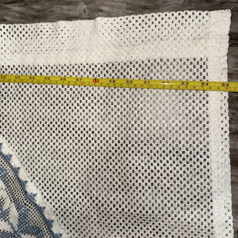 Set of 2 Vintage Curtain Curtains Blue Lace Cream Blue Cottage Crochet Lace
